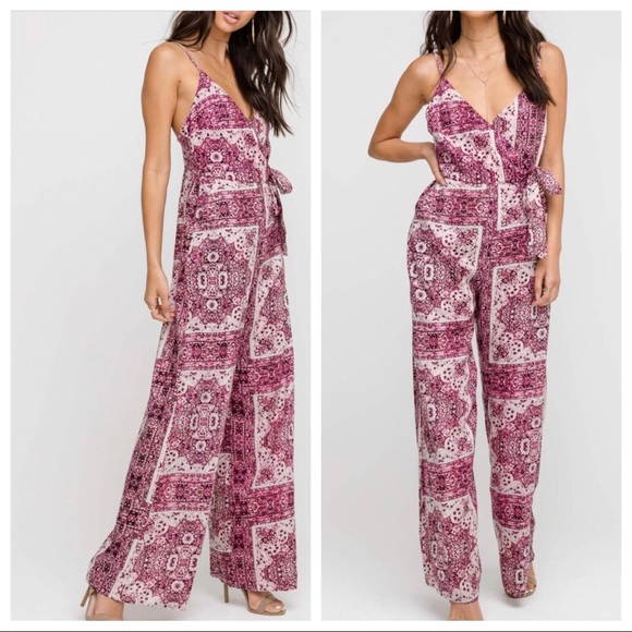 Lush Pants - Lush Pink Bohemian Print Pattern Wrap Jumpsuit  M